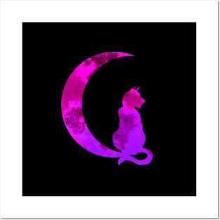 Purple Crescent Moon and Cat Posters and Art